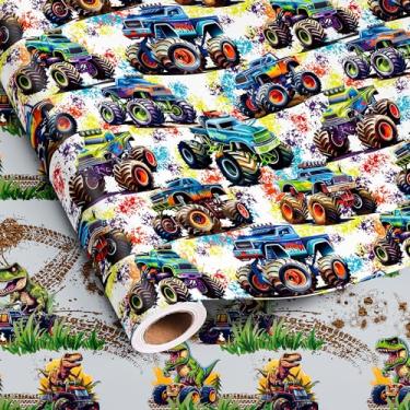 Imagem de Dtiafu Rolo de papel de embrulho reversível Monster Truck para meninos e crianças - Dinossauro na picape, embrulho de presente de carro de corrida para aniversário, chá de bebê, festa de feriado - 43
