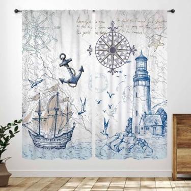 Imagem de Cortinas temáticas náuticas oceânicas, bússola de veleiro, pintura à mão, elementos náuticos, vintage, estilo temático, quarto, sala de estar, banheiro, janelas, 2 conjuntos de painéis, 106 x 113 cm