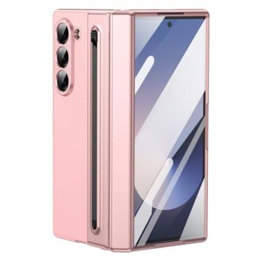Imagem de LYJSMGZ Capa revestida para Samsung Galaxy Z Fold 6, protetor de tela integrado, policarbonato fosco proteção total da dobradiça com compartimento para caneta, capa de couro, rosa, dobra 6