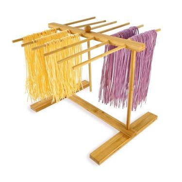 Imagem de Mozphae Estante de secagem de macarrão de bambu com varinha de transferência e 12 braços, suporte grande dobrável para secador de macarrão fresco para macarrão caseiro, espaguete, tagliatelle, suporte