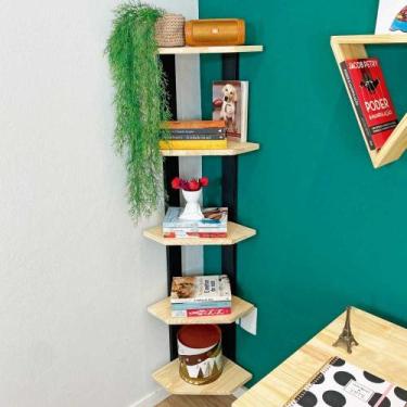 Imagem de Estante de Canto de Madeira Pinus 5 Prateleiras Linea Natural e Preto 