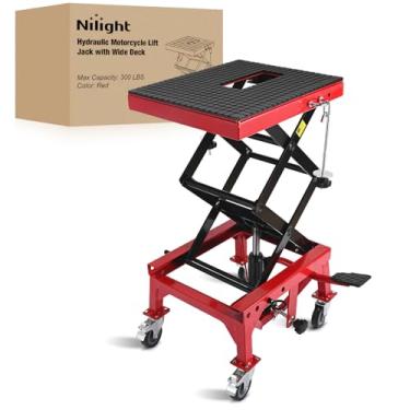 Imagem de Nilight Macaco de mesa de elevação de motocicleta 136 kg Heavy Duty Hidráulico Motocicleta Scissor Jack Lift Pedal de pé de mesa com 4 rodas rodízios Deck largo para motocicleta Dirt Bike ATV Garagem