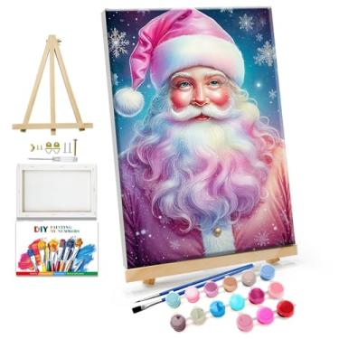 Imagem de JOOZ Kit de pintura por números para adultos com moldura, Papai Noel, pintura por número, com cavalete de Natal, pintura por número, com moldura, faça você mesmo, kits de pintura a óleo de floco de