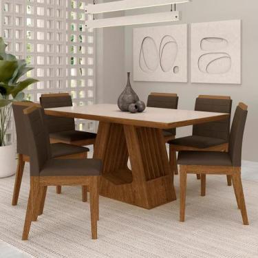 Imagem de Mesa Málaga 1,6 Com 6 Cadeiras Estofadas Freijó/off/suede Marrom - M.a