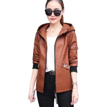 Imagem de Jaquetas De Couro Para Mulheres, Jaqueta De Couro Solta Grossa De Veludo Mais Feminino, Jaqueta De Couro Pu De Motocicleta De Outono E Inverno, Orange Red, XL