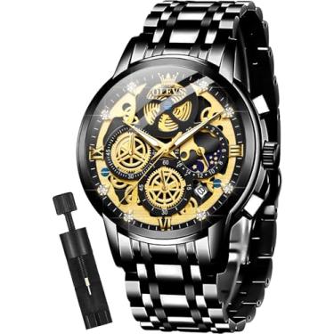 Imagem de OLEVS Relógio de esqueleto masculino cronógrafo luxo diamante vestido negócios analógico quartzo relógios de pulso aço inoxidável à prova d'água luminosa fase da lua, Black band & Black dial
