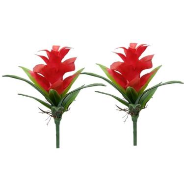Imagem de Shirfloral 2 peças de plantas artificiais de gengibre de 20 cm, flor falsa de bromélia, para decoração interna e externa (vermelha)