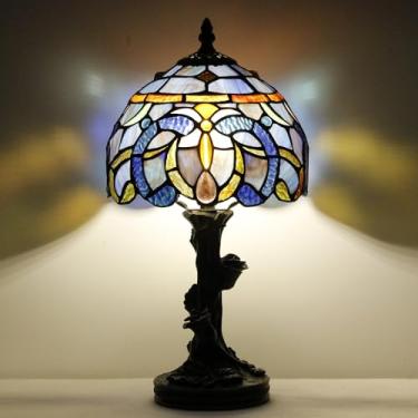 Imagem de Luminária de mesa pequena Tiffany lâmpada de vitral azul roxo estilo nublado luz de cabeceira mini luminária de memória acento 20 x 38 cm