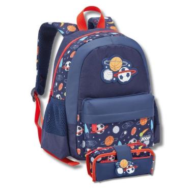 Imagem de Kit Mochila Costas Infantil Estojo Escolar Creche Azul Bolas