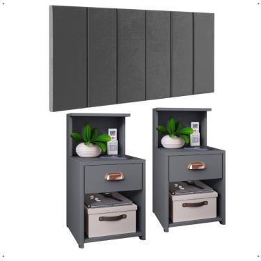 Imagem de Kit 2 Mesinhas Gaveta Prateleira Suspensa Cléo Cabeceira Estofada Suede Júlia Cama Casal 1,40 Cinza Quarto - RPM