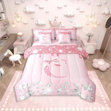 Imagem de Erosebridal Jogo de cama solteiro com laço rosa Kawaii, alfabeto C personalizado, conjunto de edredom com lantejoulas de diamante com glitter, conjunto de cama de princesa Coquete, 7 peças, decoração