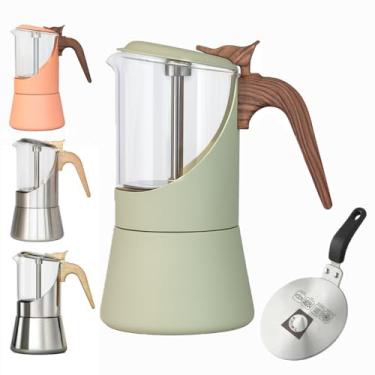 Imagem de TWOCE Pote Moka de vidro para fogão e indução - Cafeteira italiana de café expresso com cabo de madeira e design à prova de vazamento - Vem com placa difusora de calor por indução (6 xícaras, fosco