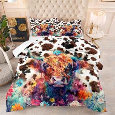 Imagem de Yadangxiawa Conjunto de edredom de vaca Highland, casal para adolescentes, estampa de vaca das terras altas ocidentais, conjunto de cama com colcha e fronha (Queen)