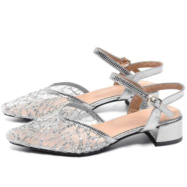 Imagem de Pixoecuty Sandália feminina de malha prateada, salto grosso, glitter, bico fino, fivela, Prata, 34