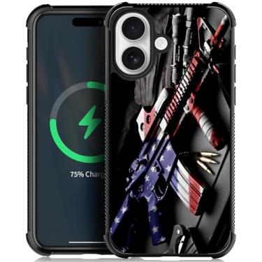 Imagem de ZHEGAILIAN Capa compatível com iPhone 16-5G, parte traseira de vidro temperado + silicone macio TPU protetor de choque - Coldre masculino para metralhadora