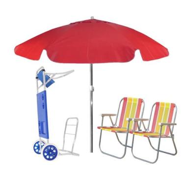 Imagem de Kit Praia Guarda-sol + 2 Cadeiras de praia e Carrinho de Mesa Verão - 