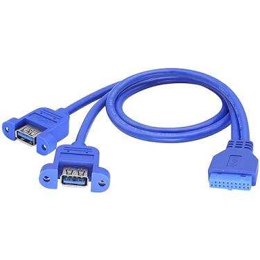 Imagem de HCFeng Cabo USB 3.0 20 pinos fêmea para duas portas USB 3.0 A fêmea painel USB 3.0 placa mãe 19/20 pinos fêmea para 2 portas USB 3.0 A empilhável cabo painel fêmea [Azul-U2K/50 cm/1,6 pés]