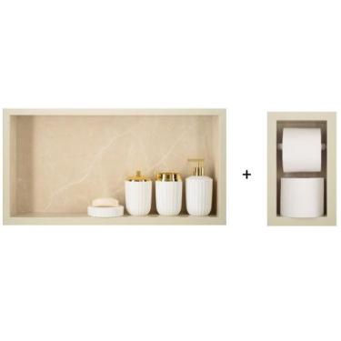 Imagem de Nicho Para Banheiro Em Porcelanato E Porta Papel Higiênico Duplo - Kit