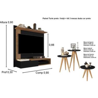 Imagem de Kit Painel TV até 32P Dallas Preto / Freijó e 3 Mesas Pés Palito Preto