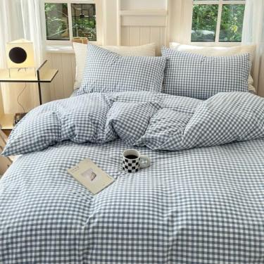 Imagem de LifeTB Jogo de cama solteiro xadrez xadrez azul branco macio lavado xadrez guingão jogo de cama solteiro reversível moderno capa de edredom aconchegante de grade de búfalo com 2 fronhas para meninos
