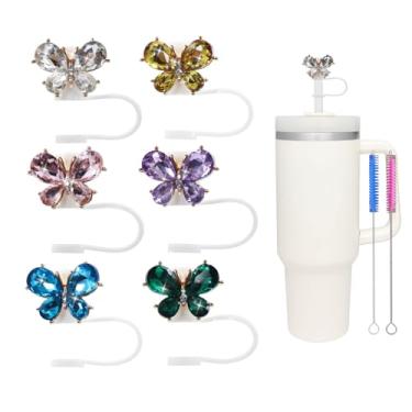 Imagem de 6 peças 10 mm capa de canudo borboleta glitter para copo Stanley, topo de canudo à prova de poeira para copos de 30 e 1,134 g e garrafas de água, acessórios reutilizáveis para copos Stanley, presentes