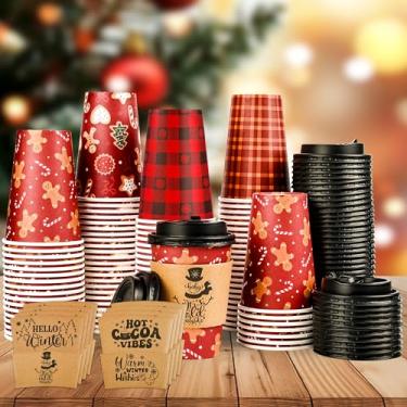 Imagem de Houuqe Pacote com 100 xícaras de café de Natal de 340 g com tampas e mangas, copos de café descartáveis de Natal para viagem, copos de café de Natal quentes de cacau para suprimentos de festa de