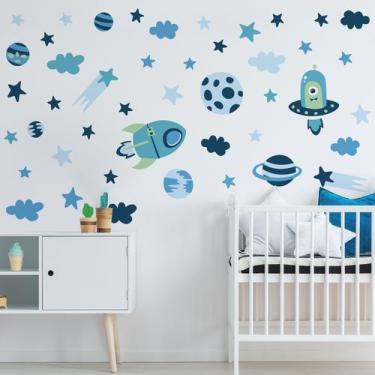 Imagem de Adesivo de Parede Espaço e Foguetes Azul 45un Cobre 2m² - Quartinhos