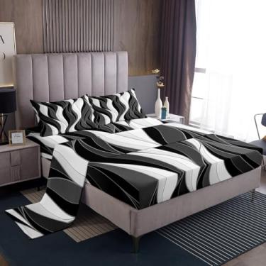 Imagem de Erosebridal Jogo de lençol listrado preto e cinza, 4 peças, tamanho casal, abstrato moderno, simples, estilo arte minimalista, cinza, branco, listras, decoração de casa, bolso profundo
