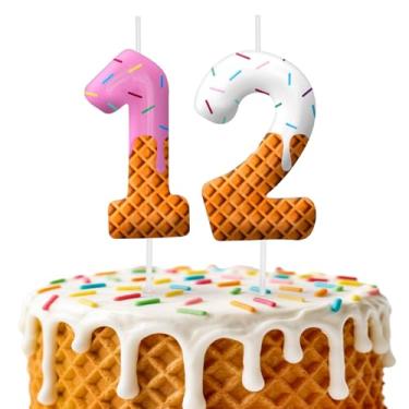 Imagem de Velas de aniversário de sorvete, decoração de topo de bolo de 6 cm, número 12 velas, decorações de aniversário, decorações de bolo de festa de aniversário, suprimentos de festa