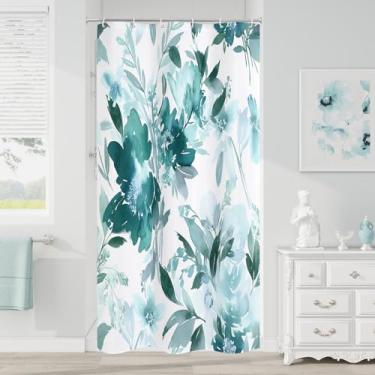 Imagem de Litabel Cortina de chuveiro floral pequena azul-petróleo, folhas de plantas com flores para decoração de banheiro de verão, conjunto de cortina de chuveiro botânica à prova d'água de tecido moderno