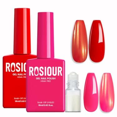 Imagem de Kit de esmalte de gel sem HEMA – Conjunto de 2 peças de esmalte de gel vermelho e rosa choque de 18 ml com pó cromado para salão de manicure com ponta francesa, faça você mesmo em casa, cura leve em U
