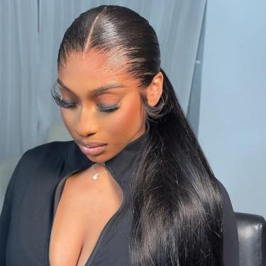 Imagem de hoshee Perucas de cabelo humano de renda real para mulheres 540° totalmente feitas à mão peruca de renda inteira reta perucas de renda pré-conectadas sem linha do cabelo parte natural cabelo virgem