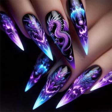 Imagem de RTKHFZE Pregos de comprimento médio, prensa de amêndoa em unhas postiças, unhas postiças de amêndoa, com design de dragão chama, ponta de unhas brilhantes, unhas de acrílico para mulheres e meninas