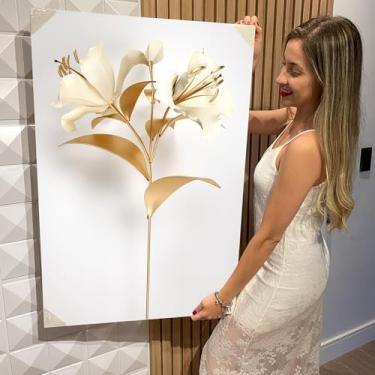 Imagem de Quadro Decorativo Canvas Flores Brancas e Douradas Vertical (CAN1224)