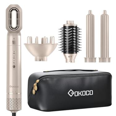 Imagem de GOKOCO Escova Secador de Cabelo Profissional 5 em 1 - Kit Modelador com Bocal, Difusor, Escova Secadora, 2 Modelador de Cachos, íons Negativos Alta Velocidade Para Secar, Alisar e Enrolar, GD031 220v Dourado