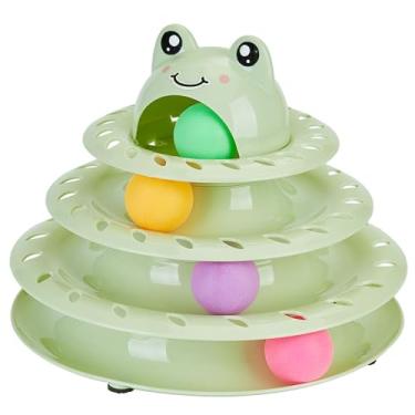 Imagem de Suhaco Brinquedos interativos para gatos em ambientes internos, brinquedo de gatinho, rolo divertido de 4 níveis, com 4 bolas coloridas, brinquedos de quebra-cabeça para o tédio (verde)