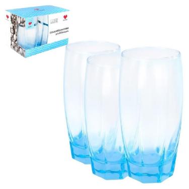 Imagem de Kit Jogo 3 Copo Azul Vidro 365ml Agua Chopp Cerveja Suco Restauante Casa Bar Conjunto Luxo