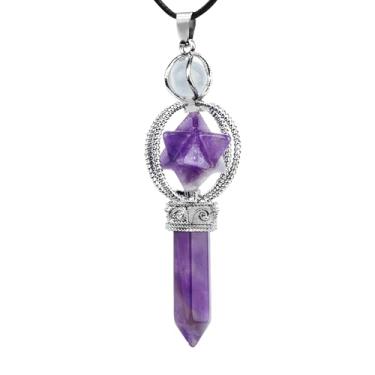 Imagem de Sonjade Pêndulo de pedra de cristal, colar hexagonal, pingente, pilar, adivinhação, cura, pedra preciosa giratória, pêndulos espirituais, energia com corrente (Ametista)