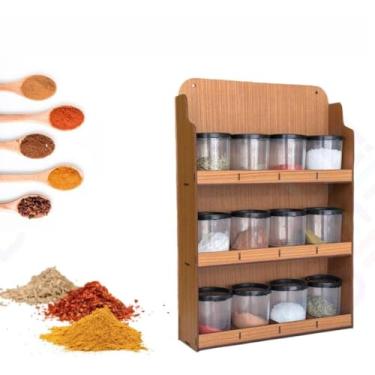 Imagem de Prateleira Porta Condimentos Suporte Em Madeira Porta Tempero de Parede 12 Potes de Plástico(GRANDE (COM12 POTES) Caramelo)
