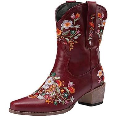 Imagem de Botas femininas curtas de couro sintético para inverno quente floral bordado botas de neve botas de neve de salto baixo para uso ao ar livre, Vinho, 37 BR