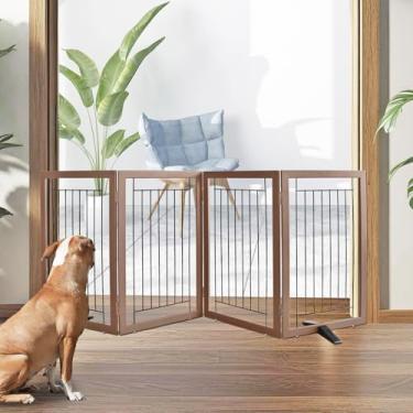 Imagem de ZJSF Portão interno independente para cães, cerca dobrável para portas, corredores ou escadas, portão extra largo de madeira resistente para animais de estimação com pés de apoio, marrom, 81 cm de