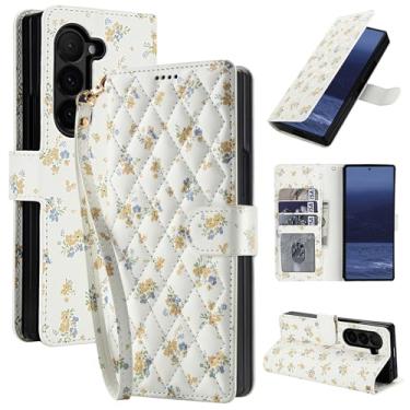 Imagem de Capa carteira para Samsung Galaxy Z Fold 6 com alça de pulso removível - couro sintético e TPU, fecho magnético, 3 compartimentos para cartão, bolso para dinheiro, suporte, à prova de choque, estampa
