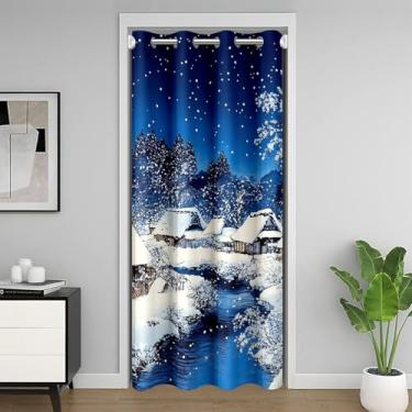 Imagem de Castle Fairy Cortina de porta de cabana de inverno com árvores de neve branca para crianças, adolescentes e adultos, céu azul, rio, estilo rústico, cortina drapeada para janela de porta de quarto