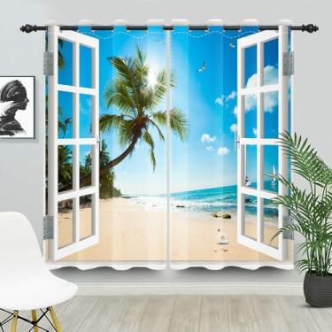 Imagem de Laeacco Cortinas blecaute de praia de verão Havaí, palmeira, céu azul, oceano, cortinas à beira-mar, cortinas de janela de madeira, impressas, para casa, escritório, quarto, sala de estar, 53 x 114 cm