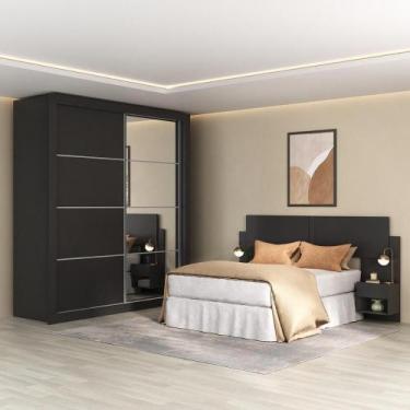 Imagem de Guarda Roupas Casal Espelho E Cabeceira Com 2 Mesas De Cabeceira Multi