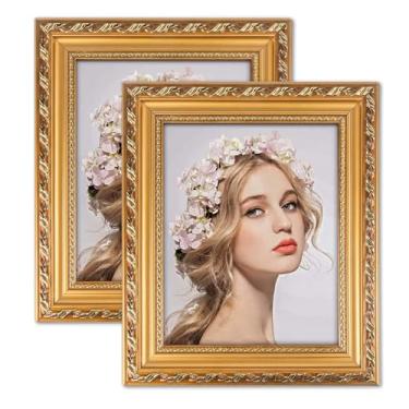 Imagem de Moldura dourada 20 x 25 cm, pacote com 2 molduras vintage ornamentadas para parede ou mesa, moldura de casamento de madeira maciça, 20 x 25 cm, para família com cavalete traseiro e cabide, exibição