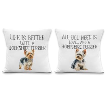 Imagem de laveliabel Conjunto de 2 capas de almofada engraçadas Yorkshire terrier 45,7 x 45,7 cm, presentes para amantes de cães, Life is Better with A Yorkshire Terrier, fronhas de almofada para decoração de