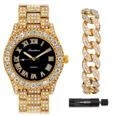 Imagem de ICEDTAG Conjunto de relógio e pulseira com algarismos romanos luxuosos com pedras grandes, mostrador colorido, Conjunto preto, Regular, Chá de bebê de luxo para festa dos namorados