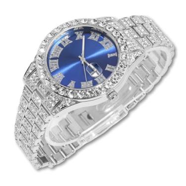 Imagem de richhut Relógio de diamante masculino masculino - mostrador azul - pulseira de 18 mm de largura banhado a ouro real 18 k ouro branco banhado a platina, com conjunto de corrente de tênis opcional