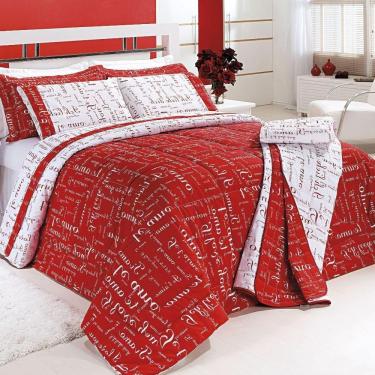 Imagem de Edredom Queen Te Amo Dupla Face 150 Fios Algodão 5 Peças - Vermelho/branco